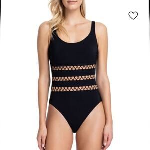 NWT$182 Gottex Black Solid Ladder Trim Scoop One-Piece Cutout Detail Swimsuit 8